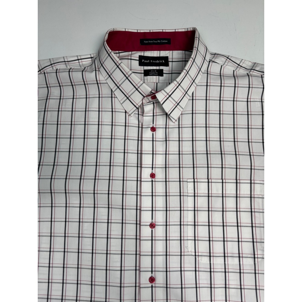 Paul Fredrick Dress Shirt Mens 20x36 Classic Fit Non-Iron Cotton Plaid White Red